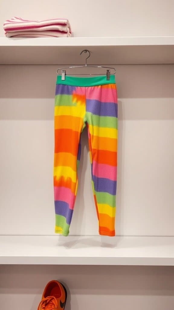 Brightly colored striped leggings hanging on a rack