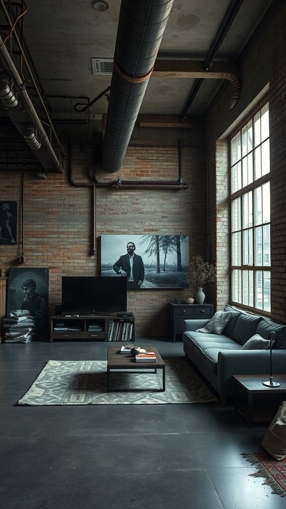 A living room with industrial design features, including exposed pipes and brick walls.