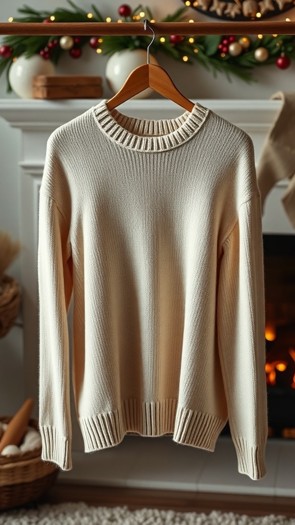 A cream cashmere sweater hanging on a wooden hanger in front of a cozy fireplace.