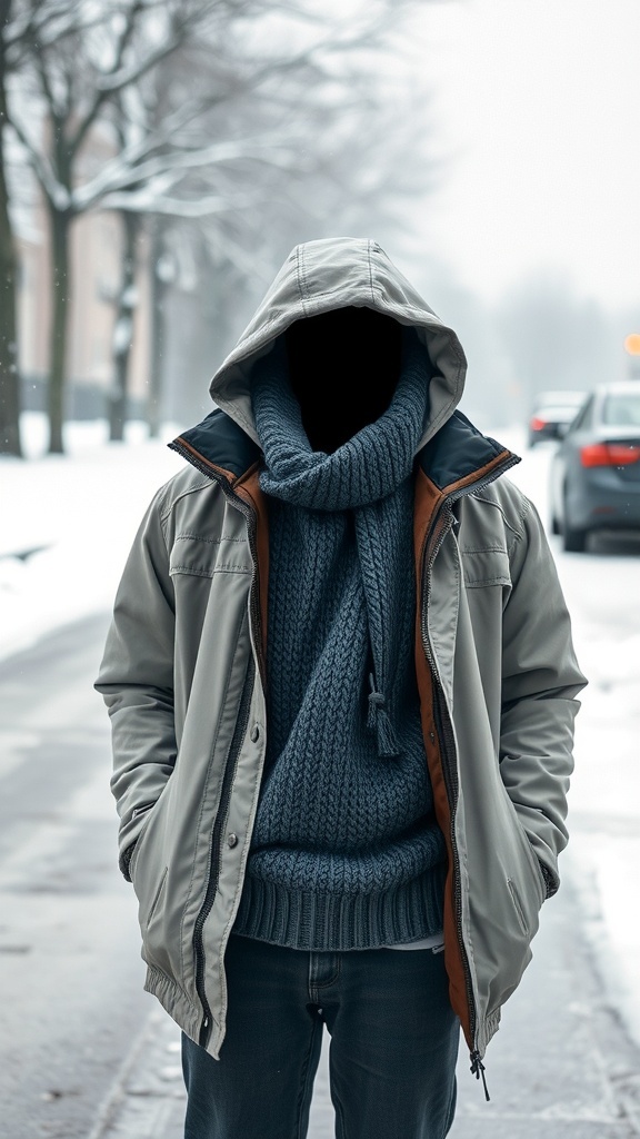 A person wearing a lightweight jacket and a chunky knit sweater in a snowy setting.