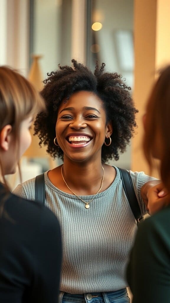 Three friends laughing together, showcasing authentic joy and connection.
