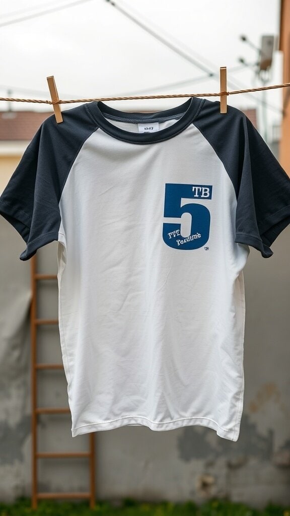 A graphic tee hanging on a clothesline, featuring a sporty design with a number print.