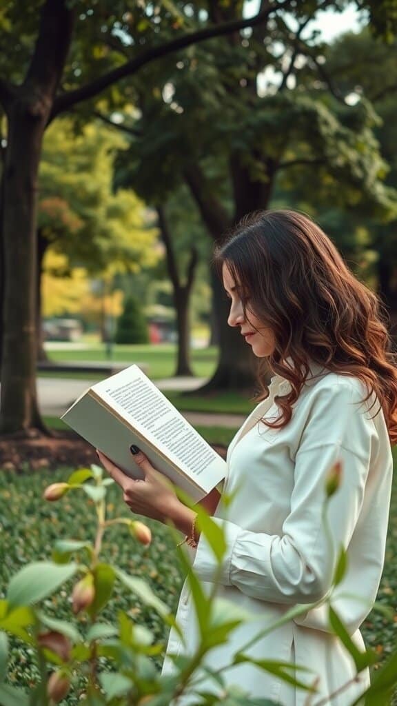 A woman reading a book in a park surrounded by greenery.