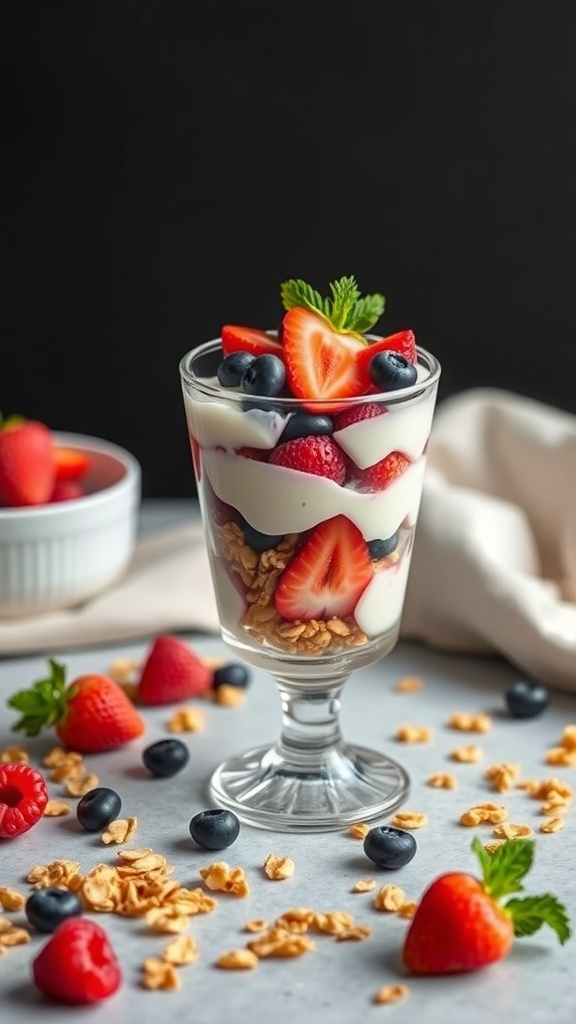 A Greek yogurt parfait with layers of yogurt, strawberries, blueberries, and granola in a glass, garnished with mint.