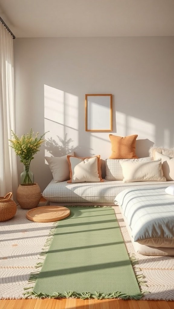 A cozy relaxation area in a bedroom with cushions, a green rug, and plants.