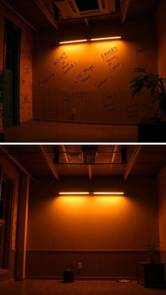 A room with warm orange lighting and notes written on the walls.