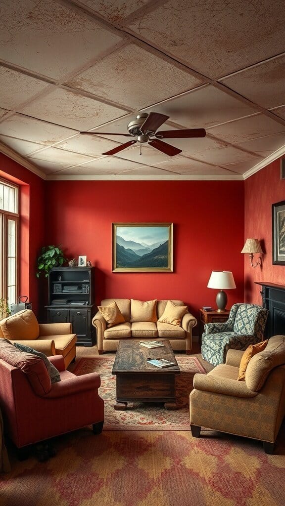 A living room with rusty red walls, traditional furniture, and a ceiling fan.