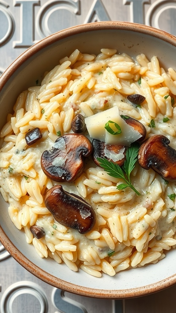 A bowl of creamy mushroom risotto with orzo pasta, topped with sautéed mushrooms and fresh herbs.