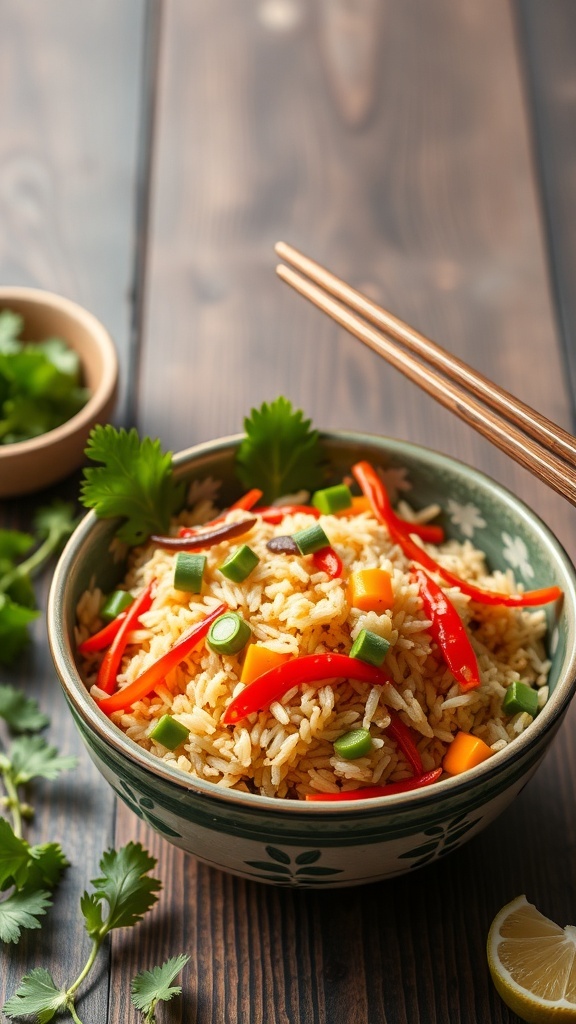 A bowl of colorful vegetable fried rice with fresh vegetables and garnished with cilantro.