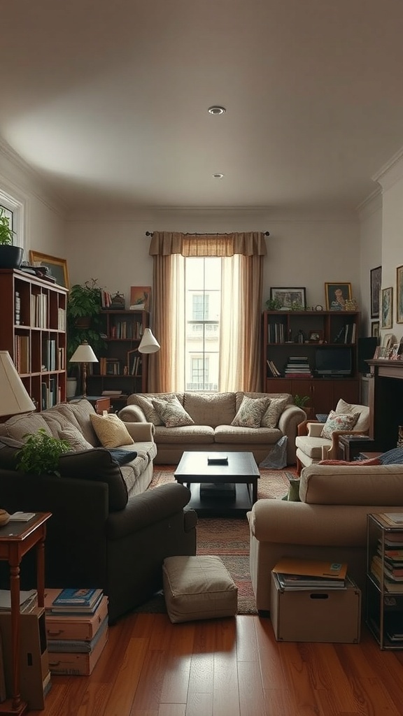A cluttered living room with multiple sofas and furniture pieces.