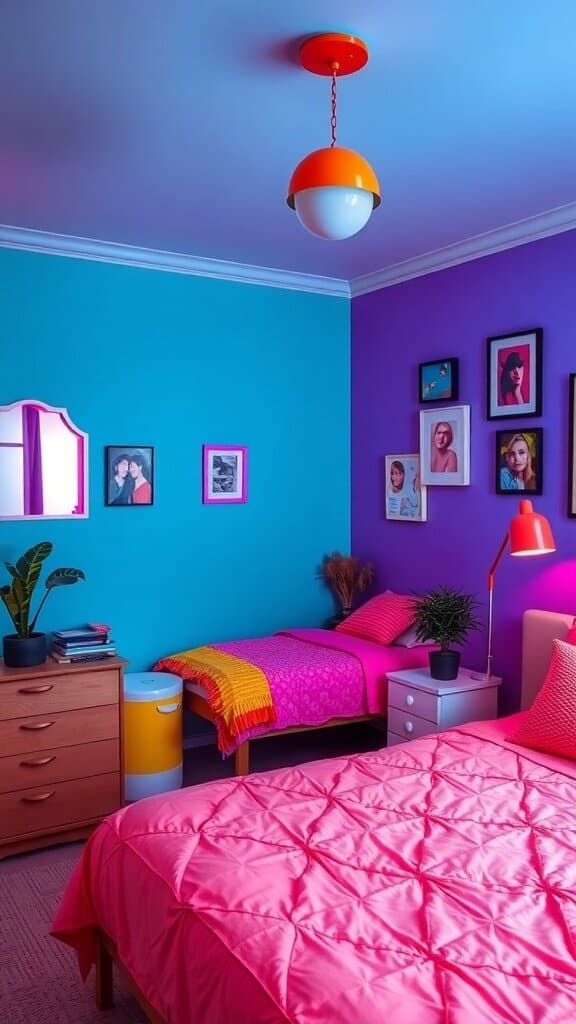 A brightly colored guest bedroom featuring neon pink, blue, and orange walls with colorful bedding and decor.
