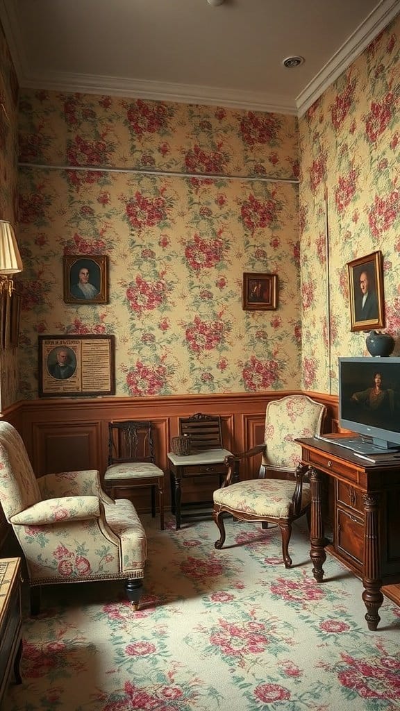 A room with floral wallpaper and matching upholstery, showcasing outdated decor.