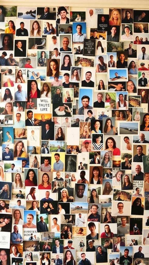 A wall covered with a collage of personal photographs.