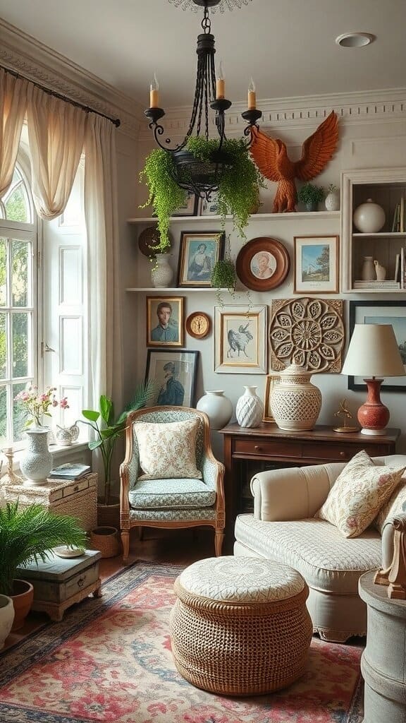 A cozy living room with a chandelier, plants, and various decorative items on the walls.