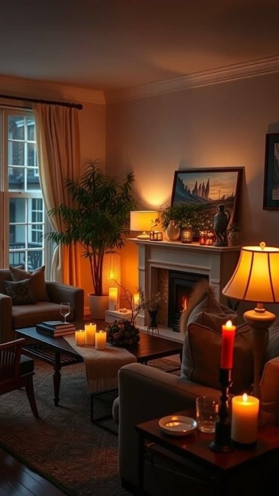 A cozy living room with warm ambient lighting, featuring candles, lamps, and a fireplace.