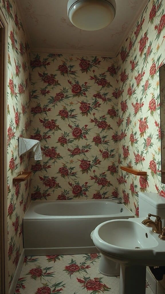 A small bathroom with dated floral wallpaper featuring red roses and green leaves.