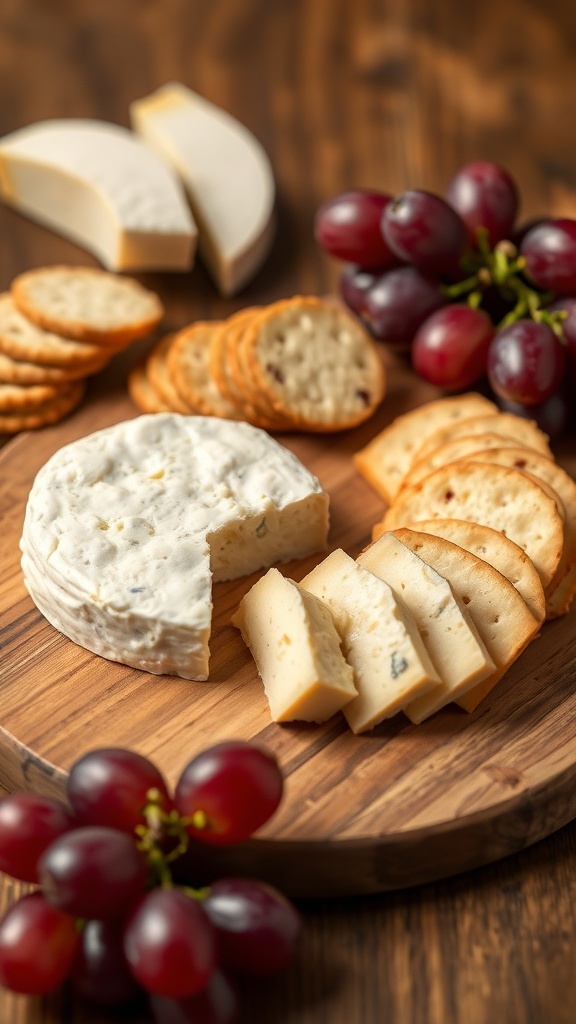 A cheese spread with crackers and grapes on a wooden platter.