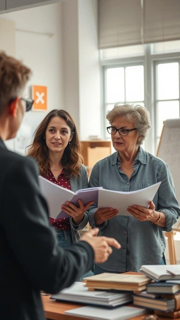 Two women discussing documents with a person in front of them, showcasing collaboration and openness to feedback.