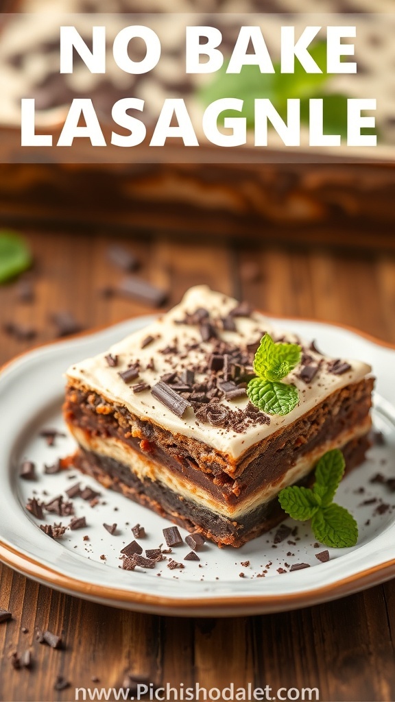 A slice of No Bake Chocolate Lasagna topped with chocolate shavings and mint leaves on a plate.