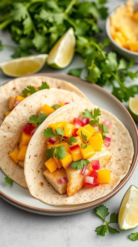 Fish tacos with mango salsa on a plate, garnished with cilantro and lime.