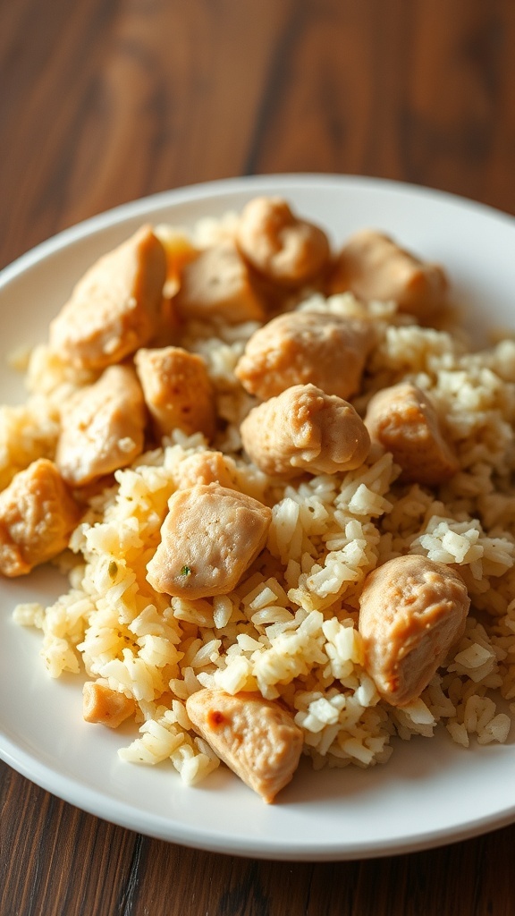 A plate of bland chicken and rice, featuring chunks of chicken on a bed of rice.