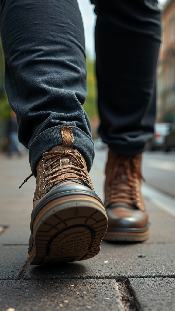A close-up of a brown shoe worn with casual pants, highlighting the importance of fit in footwear.