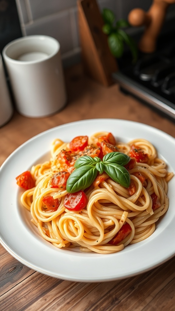 A plate of creamy tomato basil pasta with cherry tomatoes and fresh basil on top.