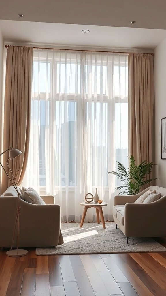 A bright living room with soft, flowing curtains, a cozy seating area, and a touch of greenery.
