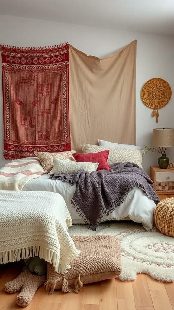 A cozy bedroom with various textures including knitted blankets, plush pillows, and a woven wall hanging.