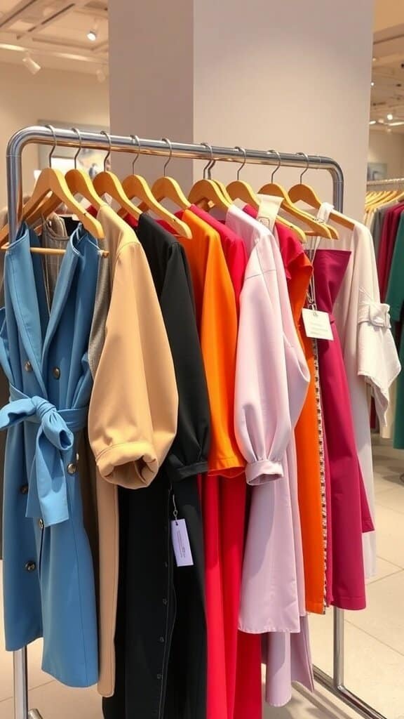 A colorful rack of dresses in various styles and colors, showcasing a vibrant wardrobe.