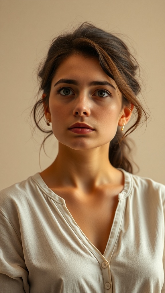 A woman with a serious expression, reflecting deep contemplation.