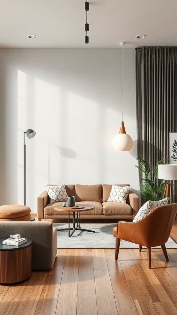 A stylish living room featuring multi-functional furniture, including a comfortable sofa, accent chair, and round coffee table.