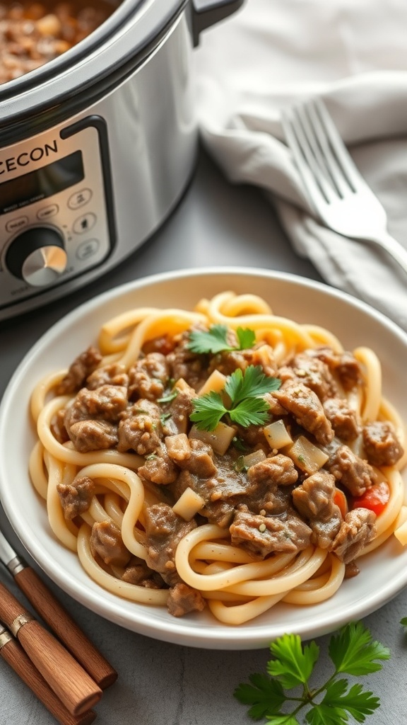 A bowl of Beef Stroganoff with egg noodles, garnished with parsley, next to a crockpot.