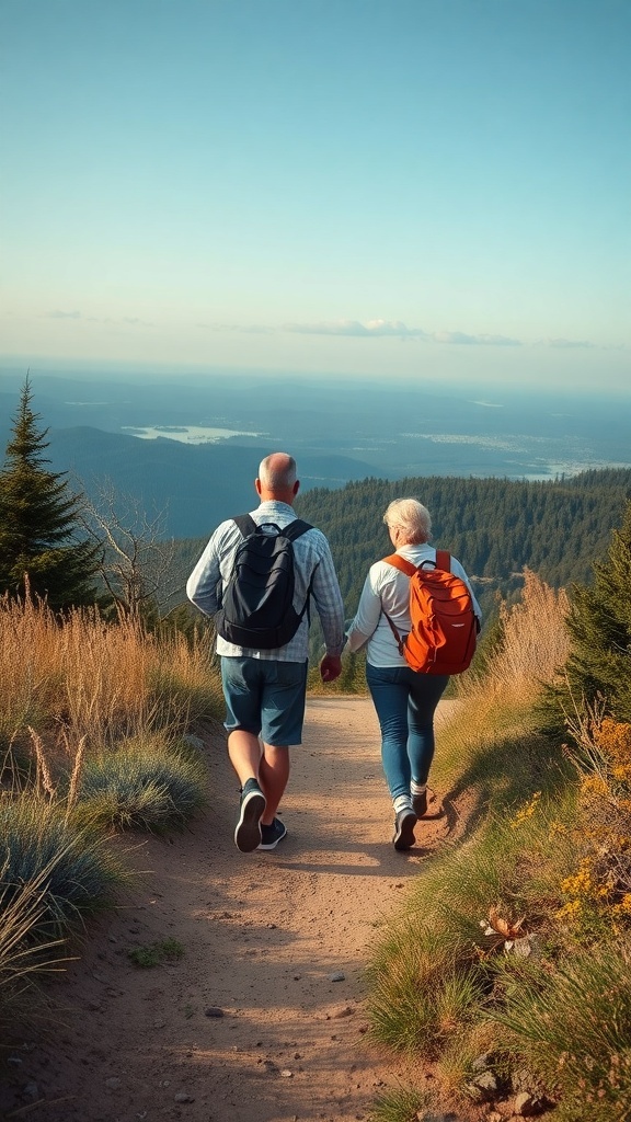 A couple walking hand in hand on a scenic hiking path, enjoying nature together.