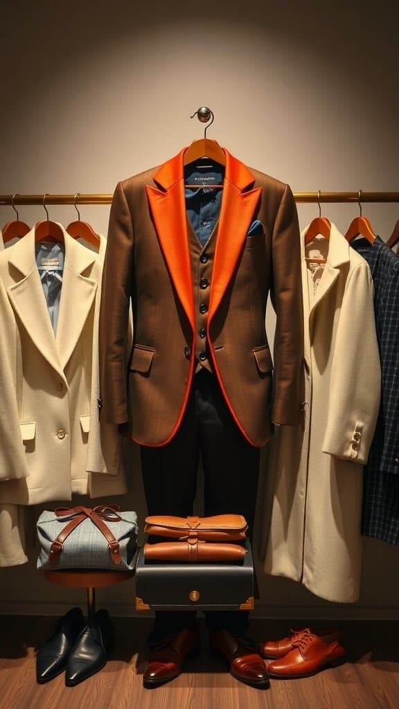 A stylish display of old money fashion featuring a brown blazer with an orange lapel, tailored coats, polished shoes, and elegant accessories.