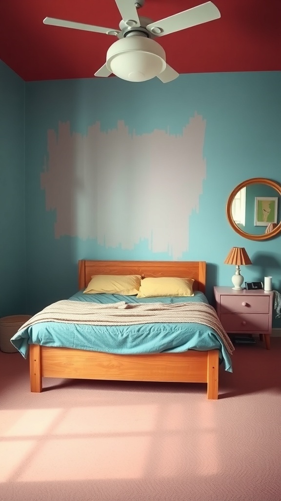 A bedroom with a red ceiling and blue walls, featuring an unfinished paint patch.