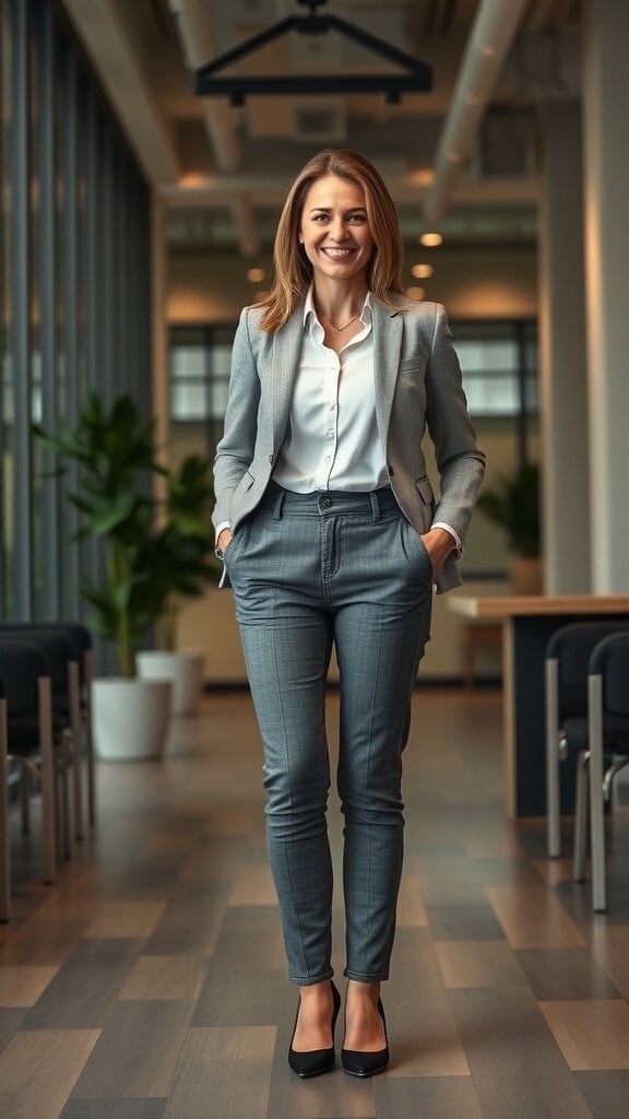 A confident woman in a suit standing in a modern office environment.