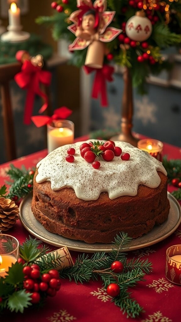 A festive fruitcake decorated with icing and berries, surrounded by holiday decorations.