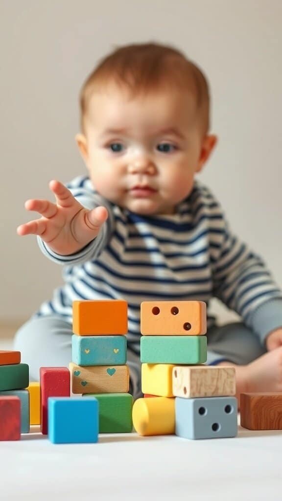 A baby reaching for colorful building blocks on the floor.
