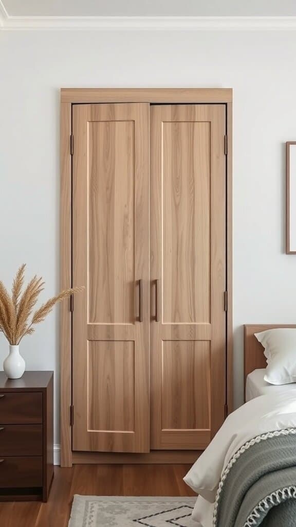 A wooden wardrobe with soft-close doors in a bedroom setting.