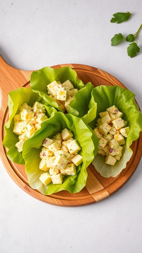 Egg salad lettuce wraps on a wooden platter