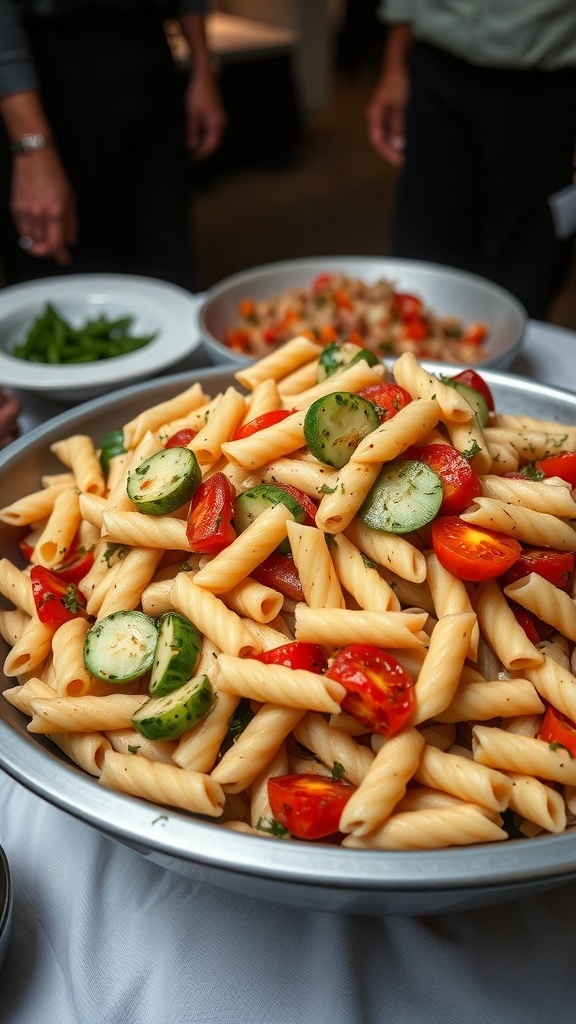 A bowl of cold pasta salad with rotini, cherry tomatoes, and cucumber, served at a gathering.