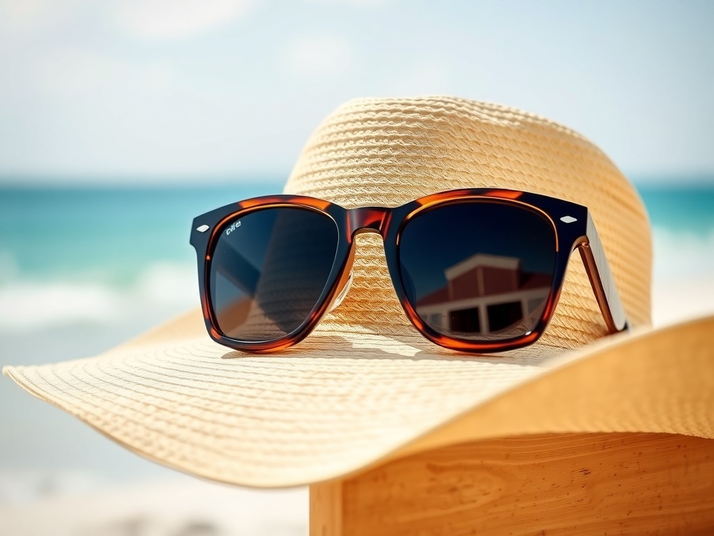 Stylish tortoiseshell sunglasses on a straw hat by the beach