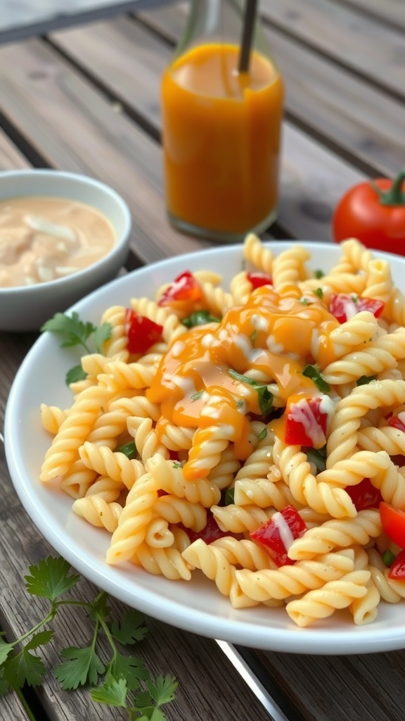A plate of rotini pasta salad with Italian dressing, colorful vegetables, and a bottle of dressing in the background.