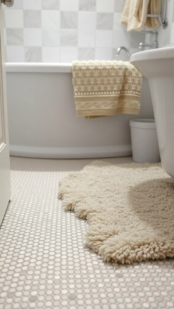 A cozy bathroom with textured flooring and a fluffy rug, emphasizing safety and comfort.