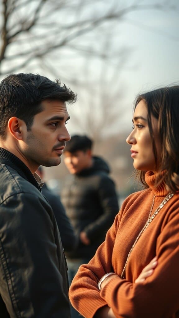 A man and woman engaged in a serious conversation, showcasing attentive listening.