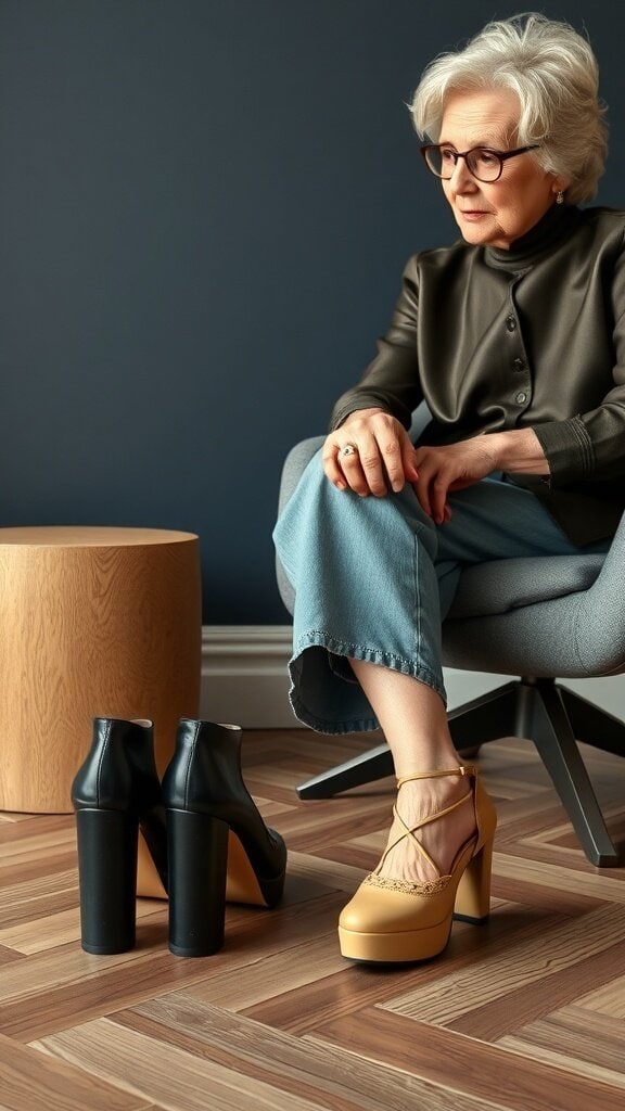 A woman sitting next to two pairs of chunky platform shoes, contemplating her footwear choice.