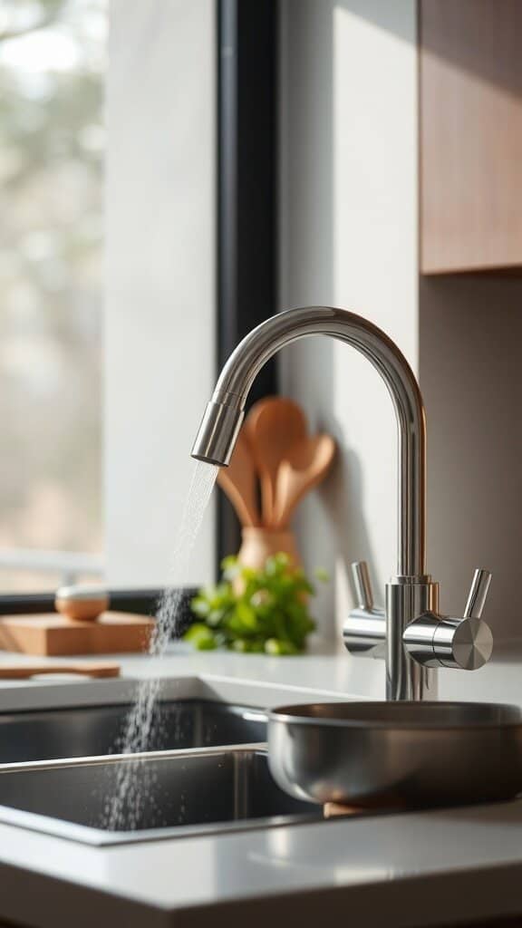 A modern hands-free kitchen faucet with water flowing, showcasing convenience and style.