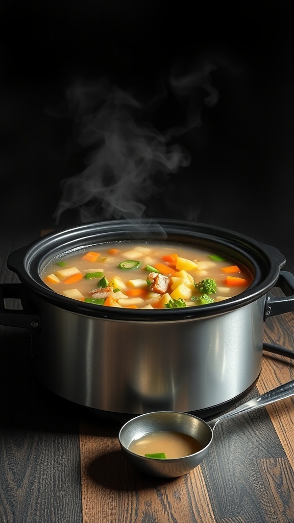 A slow cooker filled with steaming vegetable soup, showcasing colorful vegetables in a light broth.