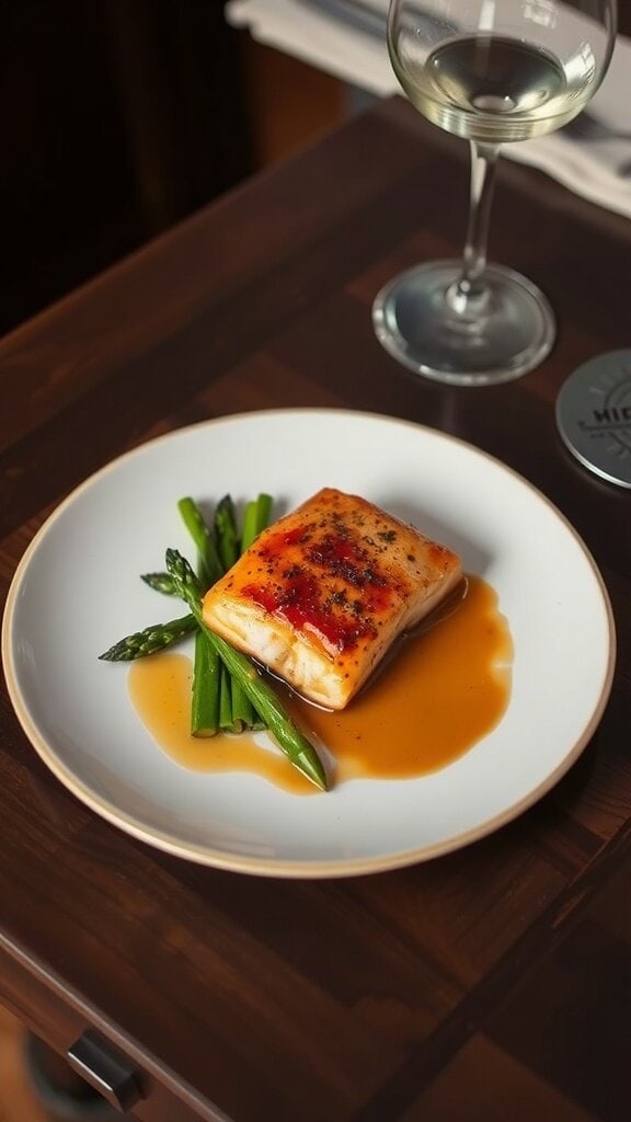 Maple-glazed salmon fillet served with asparagus and a glass of white wine.